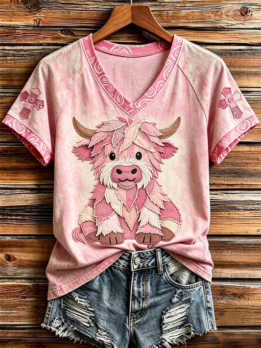 Women's Vintage Patchwork Highland Cow Art Cross Print V-neck Short-sleeved T-shirt