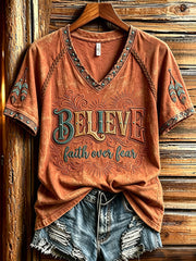 Women's Western Faith Over Fear Print V-neck Short-sleeved T-shirt