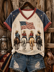 Women's Horse Riding Printed V-neck Off-shoulder T-shirt