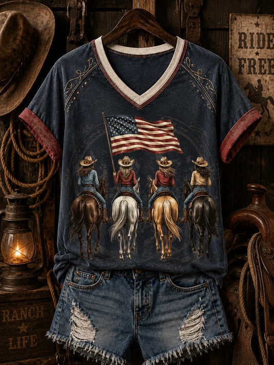 Women's Horse Riding Printed V-neck Off-shoulder T-shirt