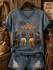 Women's Horse Riding Printed V-neck Off-shoulder T-shirt