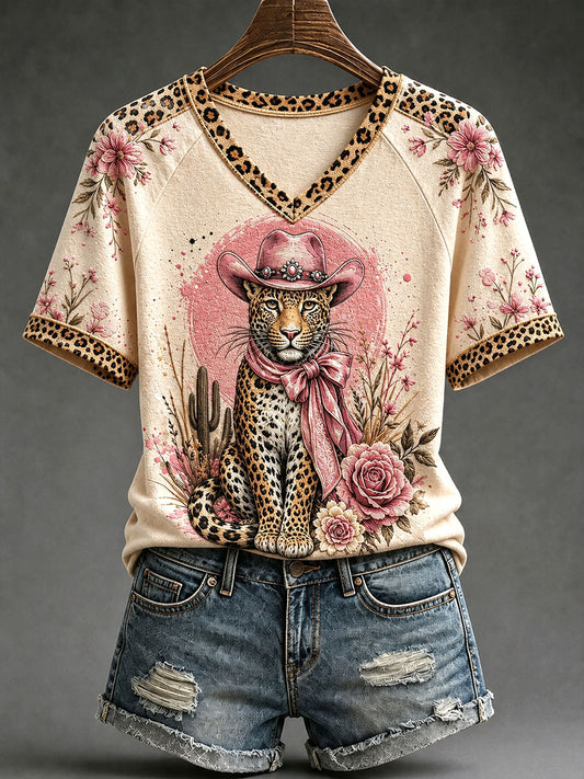 Women’s Fun Leopard Print V-Neck T-Shirts