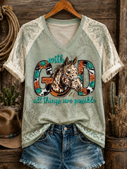 Women's With God All Things Are Possible Horse Western Faith Printed V-neck Off-shoulder T-shirt