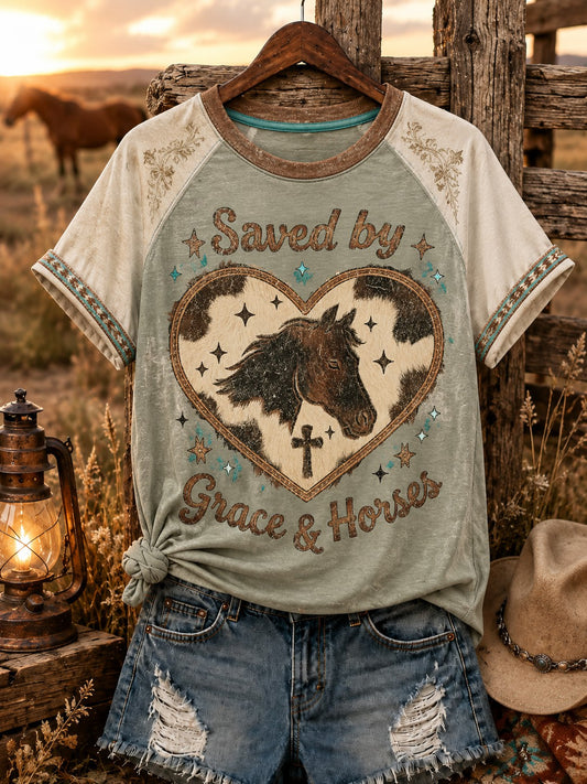 Women's Saved by Grace and Horses Western Faith Cowhide Heart Cross Printed Off-shoulder T-shirt