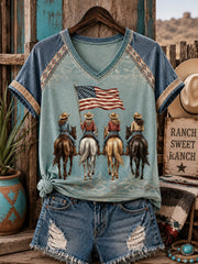 Women's Horse Riding Printed V-neck Off-shoulder T-shirt