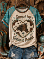 Women's Saved by Grace and Horses Western Faith Cowhide Heart Cross Printed Off-shoulder T-shirt