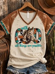Women's With God All Things Are Possible Horse Western Faith Printed V-neck Off-shoulder T-shirt