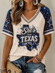 Women's She's From Texas I Can Tell Print Casual V-Neck Tee