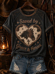 Women's Saved by Grace and Horses Western Faith Cowhide Heart Cross Printed Off-shoulder T-shirt