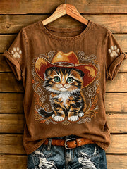 Women's Retro Western Cowboy Cat Short Sleeve T-shirt