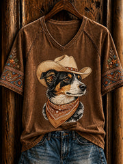 Women's Retro Western Cowboy Dog Short Sleeve T-shirt