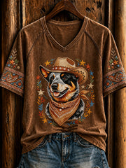 Women's Retro Western Cowboy Dog Short Sleeve T-shirt