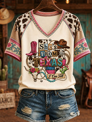 Women's She's From Texas I Can Tell Print Casual V-Neck Tee