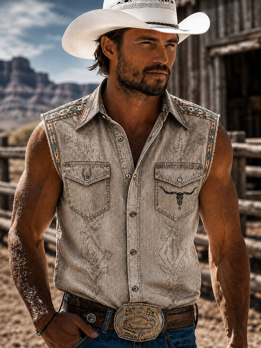 Men's Western Printed Sleeveless Shirt