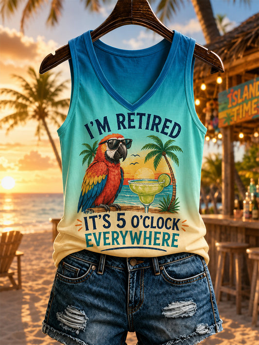 Women's I'm Retired It's 5 O'clock Everywhere Parrot Print Casual V-Neck Vest