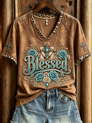 Women's Vintage Western Blessed Cross Print V-neck Short-sleeved T-shirt