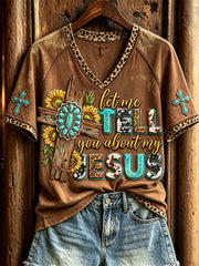 Women's Let Me Tell You About My Jesus Turquoise Cross Western Print short-sleeved T-shirt