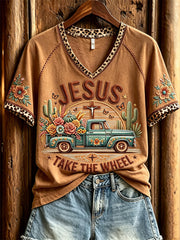Women's Jesus Truck with Flowers Floral Western Print short-sleeved T-shirt