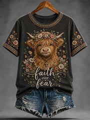 Women's Faith Over Fear Highland Cow Short-sleeved T-shirt