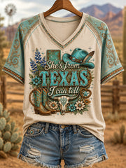 Women's She's From Texas I Can Tell Print Casual V-Neck Tee