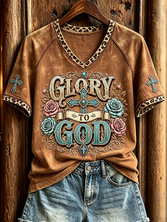 Women's Western Glory To God Christian Floral Cross Print V-neck Short-sleeved T-shirt
