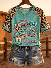 Women's Western Texas Cowgirl Inspired Leopard Print V-neck Short-sleeved T-shirt