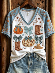 Women's Fall Western Pumpkins & Boots Bow Knots Print short-sleeved T-shirt