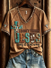 Women's I Don't Think Jesus Does It That Way Bull Skull Cross Print short-sleeved T-shirt