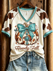 Women's Howdy Fall Western Pumpkin Turquoise Cowhide Print short-sleeved T-shirt