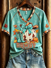 Women's Howdy Fall Western Boots & Pumpkin Maple Leaves Print short-sleeved T-shirt