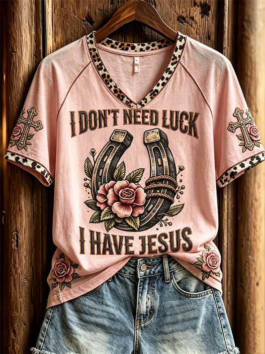 Women's I Don't Need Luck I Have Jesus Horseshoe Floral Print short-sleeved T-shirt