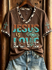 Women's Jesus Is Love Western Cross Cowhide Print short-sleeved T-shirt