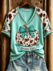 Women's Howdy Fall Western Pumpkin Turquoise Cowhide Print short-sleeved T-shirt