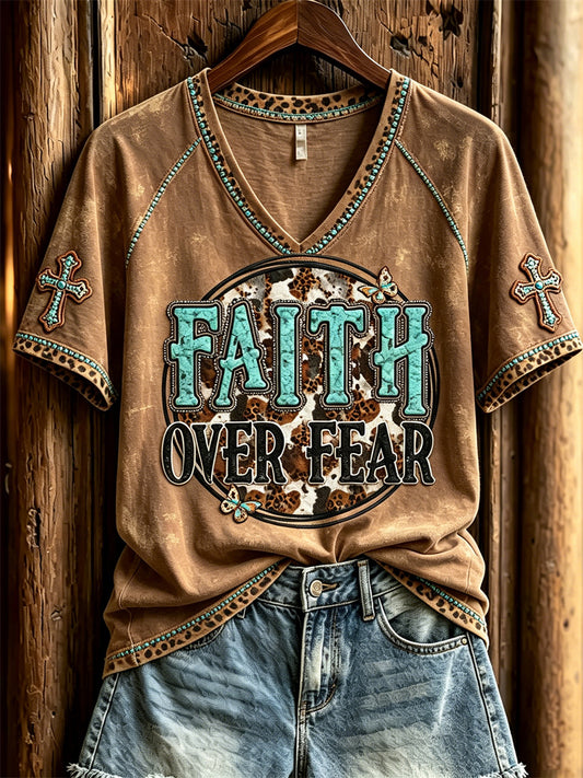 Women's Faith Over Fear Turquoise Cross Western Print short-sleeved T-shirt