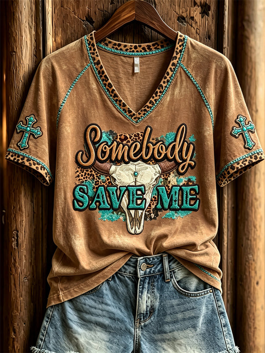 Women's Somebody Save Me Bull Skull Turquoise Cross Western Print short-sleeved T-shirt