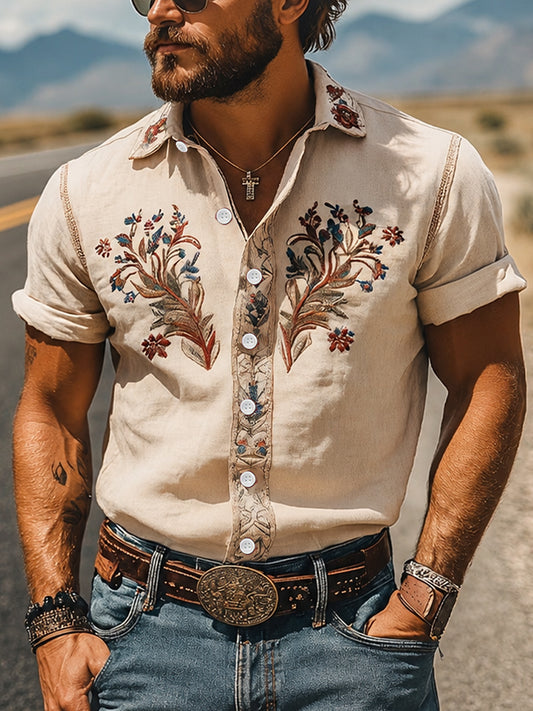 Men's Vintage Western Printed Short Sleeve Shirt