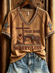 Women's Pray More Worry Less Praying Cowgirl & Horse Western Print short-sleeved T-shirt