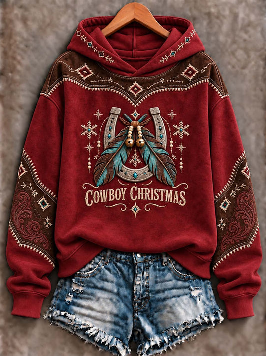 Women's Western Cowboy Christmas Horseshoe & Turquoise Feathers  Hoodie