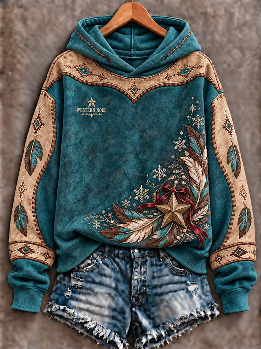 Women's Western Noel Christmas Turquoise Bohemian Feather Snowflake Art  Hoodie