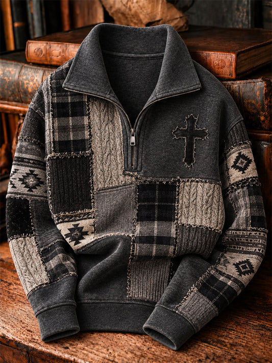 Men's Vintage Cross Western Aztec & Plaid Colorblock Print Cozy Zip-Up Sweatshirt
