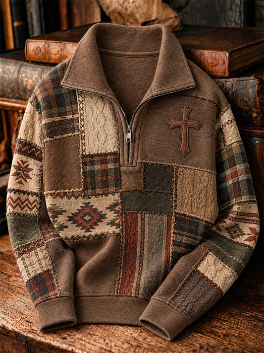 Men's Vintage Cross Western Aztec & Plaid Colorblock Print Cozy Zip-Up Sweatshirt