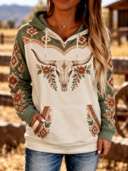 Women's Retro Western Bull Skull Aztec Print Casual Hoodie