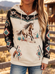 Women's Retro Western Horse Aztec Print Casual Hoodie