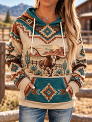 Women's Retro Western Longhorn Aztec Print Casual Hoodie