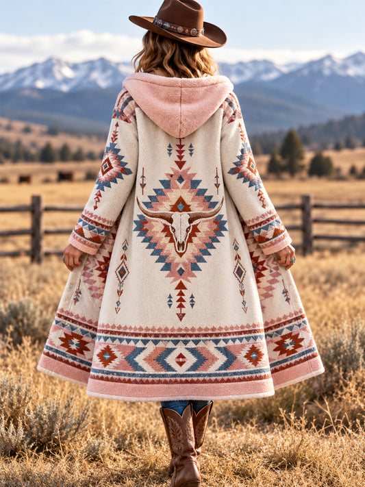 Women's Western Aztec Bull Skull Print Casual Long Flannel Cardigan