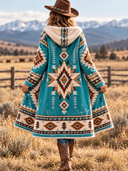 Women's Western Aztec Print Casual Long Flannel Cardigan