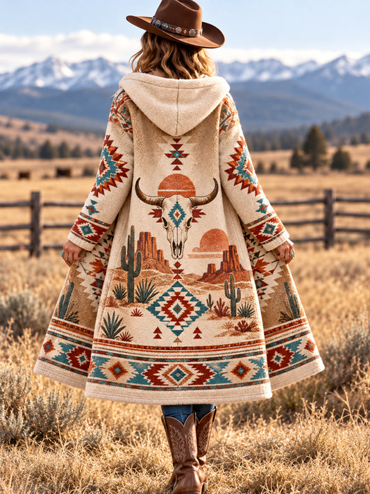 Women's Western Aztec Bull Skull Print Casual Long Flannel Cardigan